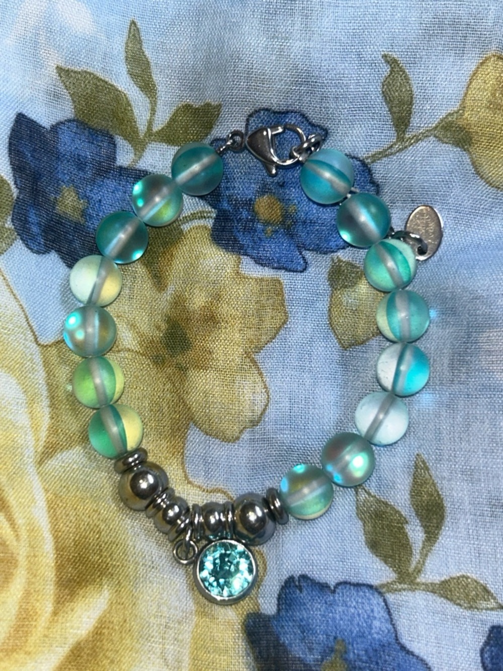 Tocara Teal Beaded Crystal Charm Stainless Steel Iridescent Bracelet